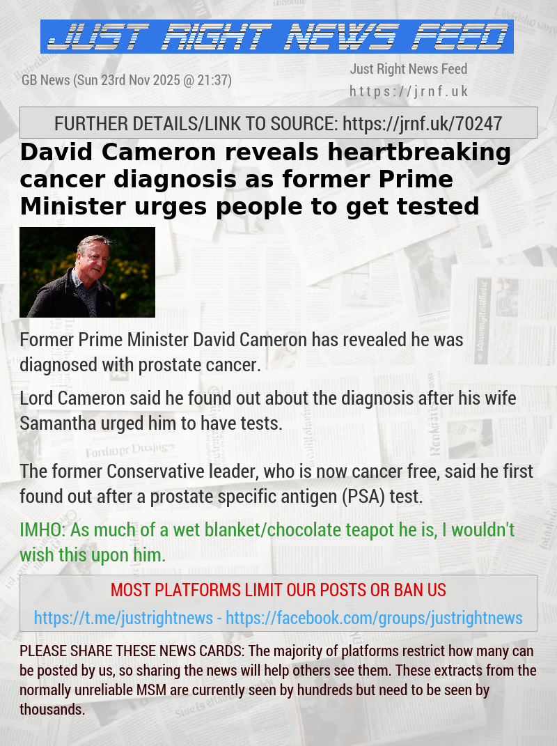 David Cameron reveals heartbreaking cancer diagnosis as former Prime Minister urges people to get tested