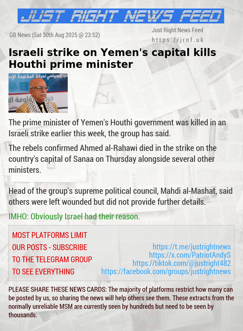 Israeli strike on Yemen’s capital kills Houthi prime minister