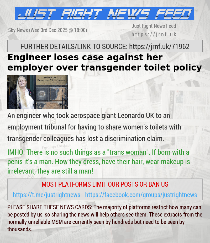 Engineer loses case against her employer over transgender toilet policy