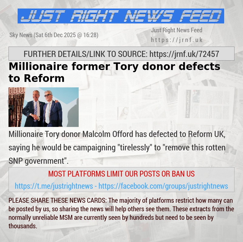 Millionaire former Tory donor defects to Reform