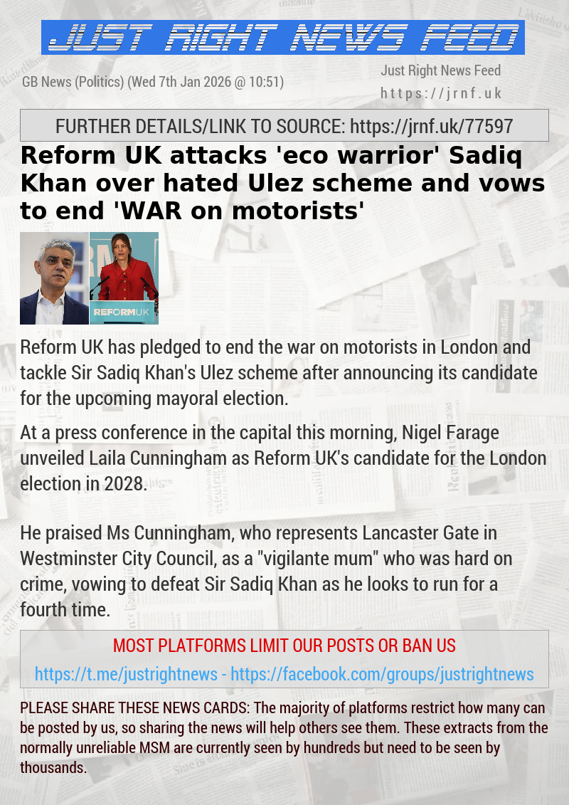 Reform UK attacks ’eco warrior’ Sadiq Khan over hated Ulez scheme and vows to end ’WAR on motorists’