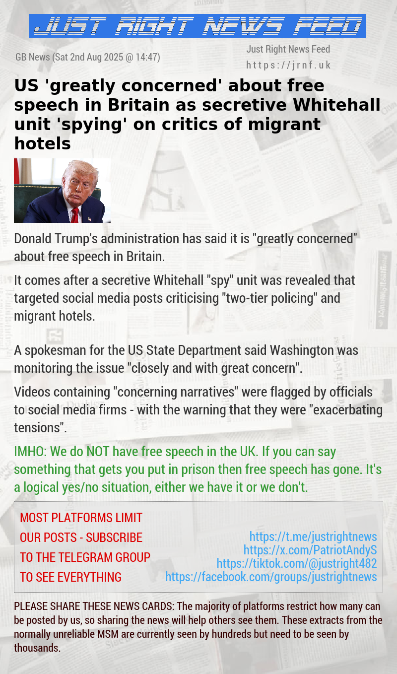 US ’greatly concerned’ about free speech in Britain as secretive Whitehall unit ’spying’ on critics of migrant hotels