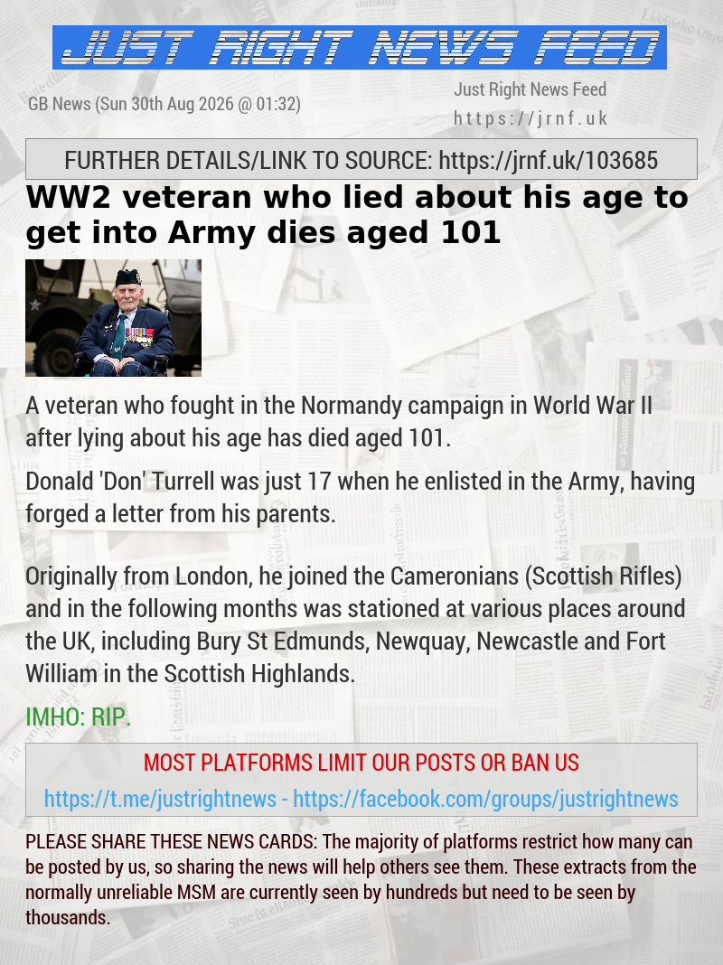 WW2 veteran who lied about his age to get into Army dies aged 101