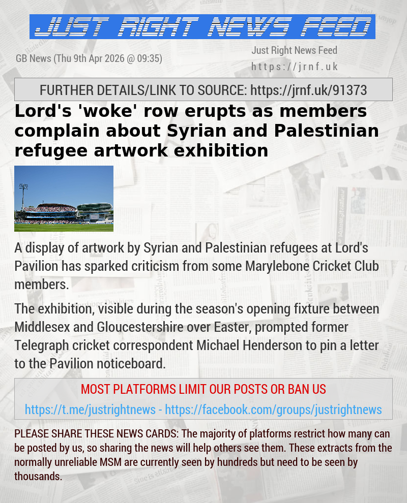 Lord’s ’woke’ row erupts as members complain about Syrian and Palestinian refugee artwork exhibition