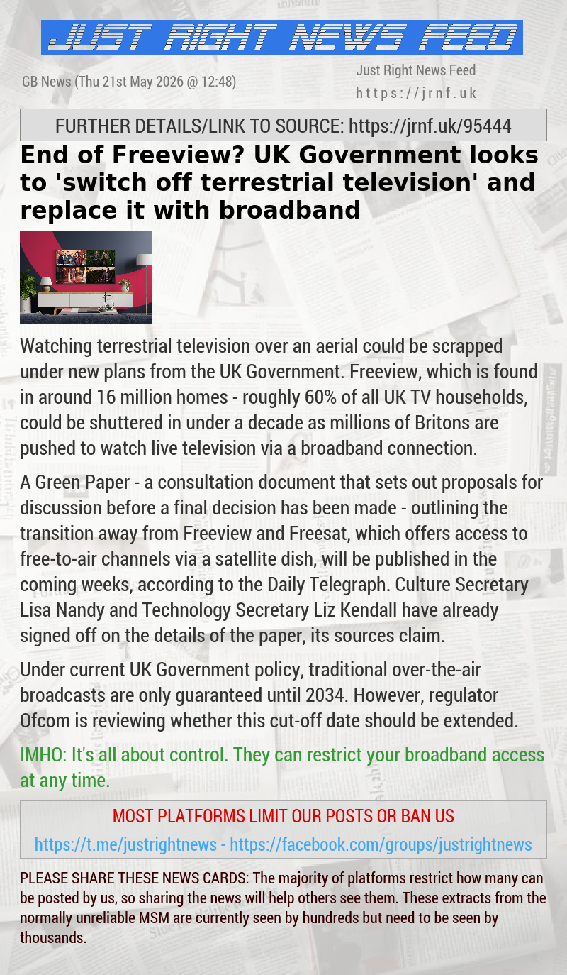 End of Freeview? UK Government looks to ’switch off terrestrial television’ and replace it with broadband
