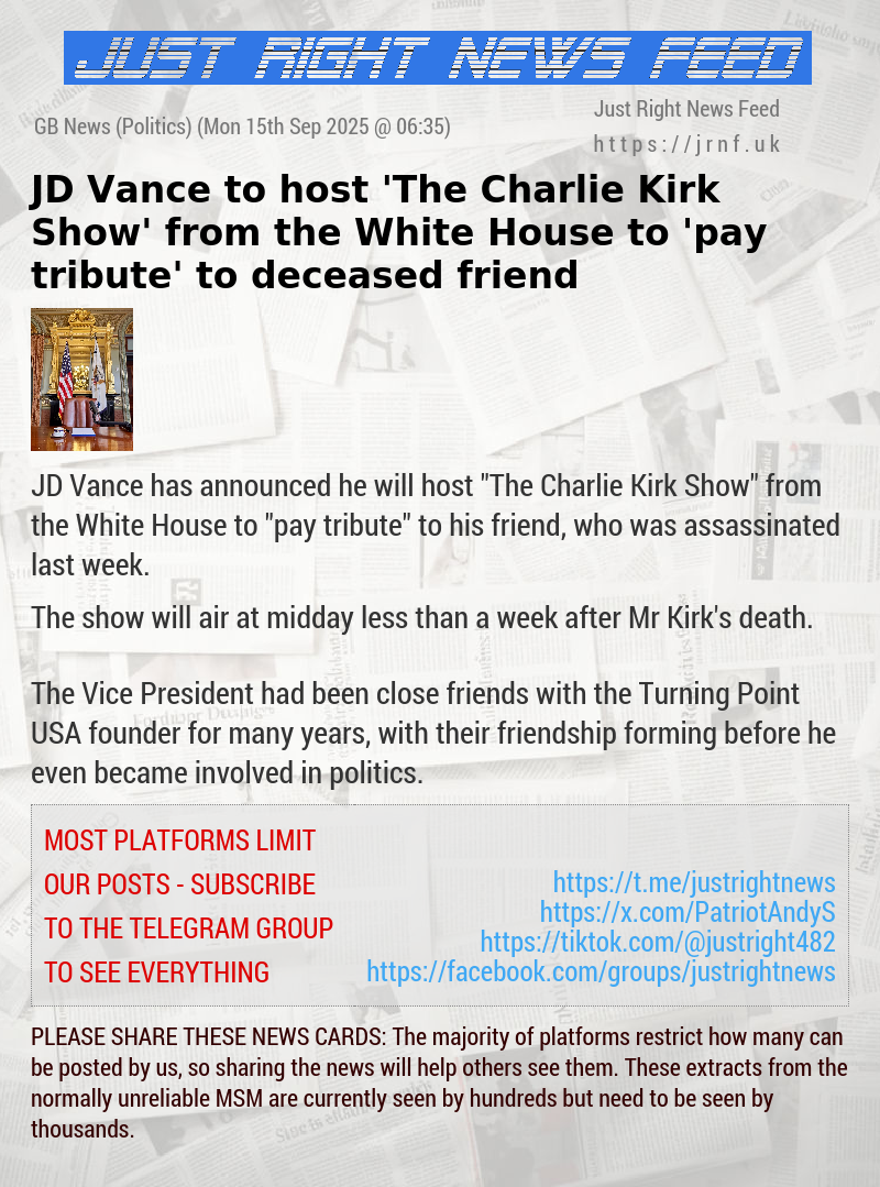 JD Vance to host ’The Charlie Kirk Show’ from the White House to ’pay tribute’ to deceased friend