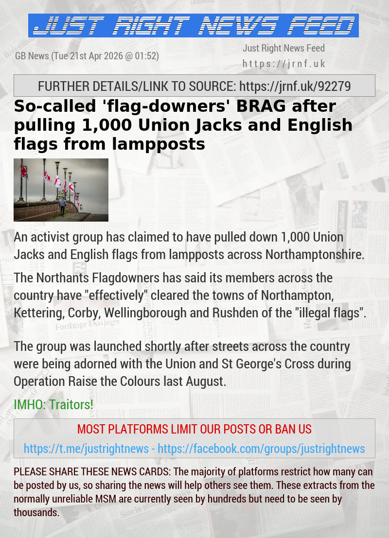 So—called ’flag—downers’ BRAG after pulling 1,000 Union Jacks and English flags from lampposts