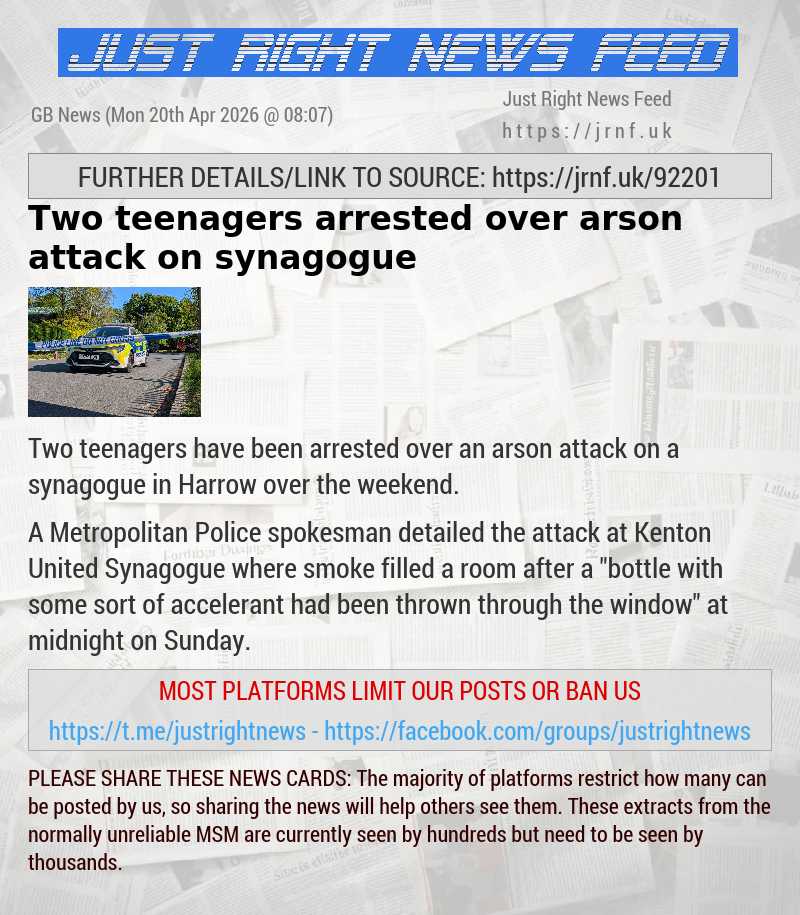 Two teenagers arrested over arson attack on synagogue
