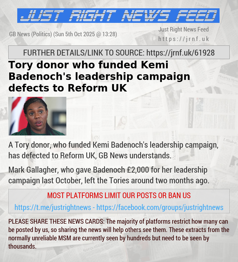 Tory donor who funded Kemi Badenoch’s leadership campaign defects to Reform UK