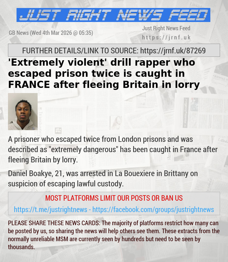 ’Extremely violent’ drill rapper who escaped prison twice is caught in FRANCE after fleeing Britain in lorry