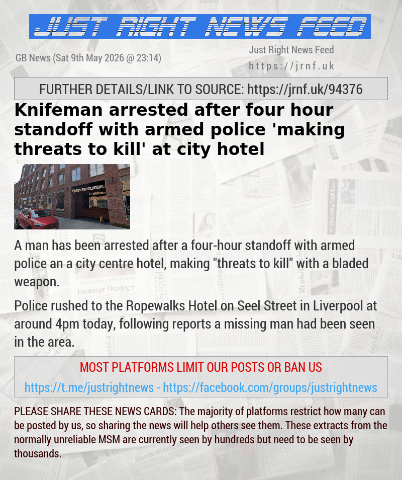 Knifeman arrested after four—hour standoff with armed police ’making threats to kill’ at city hotel
