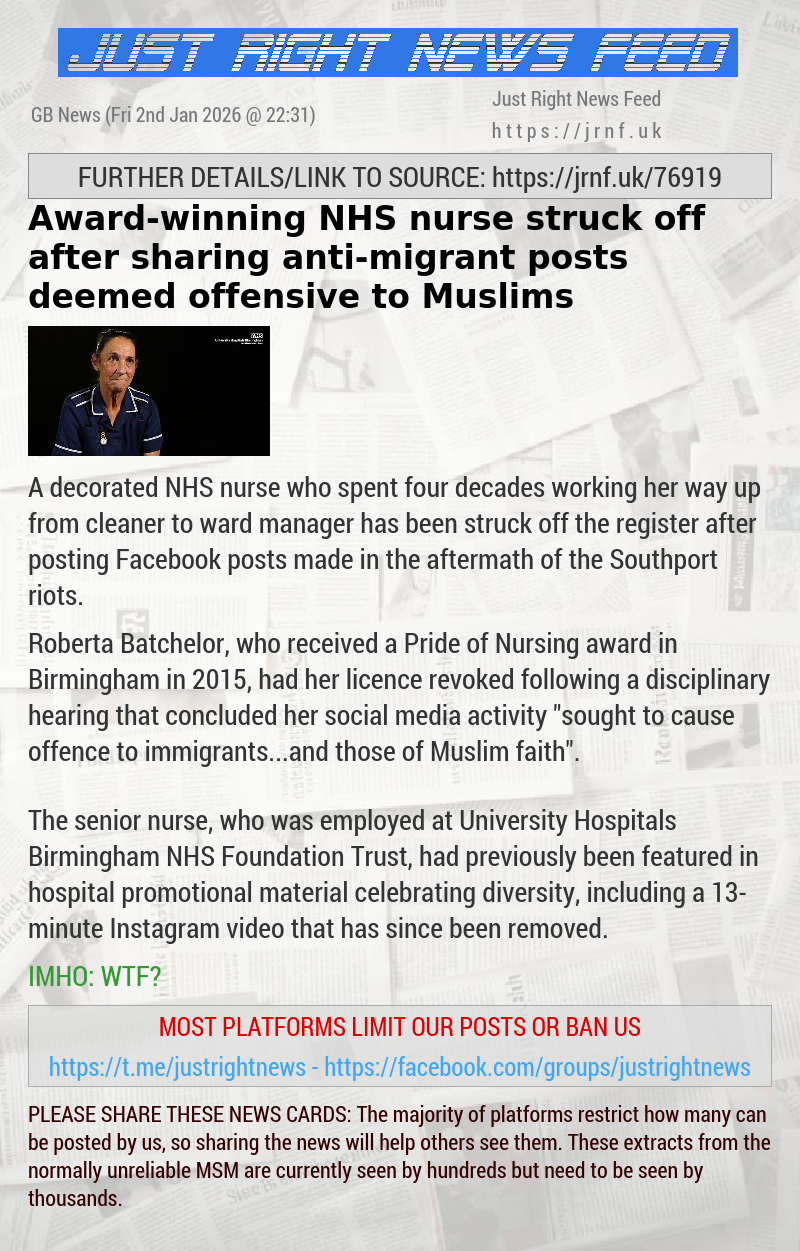 Award—winning NHS nurse struck off after sharing anti—migrant posts deemed offensive to Muslims