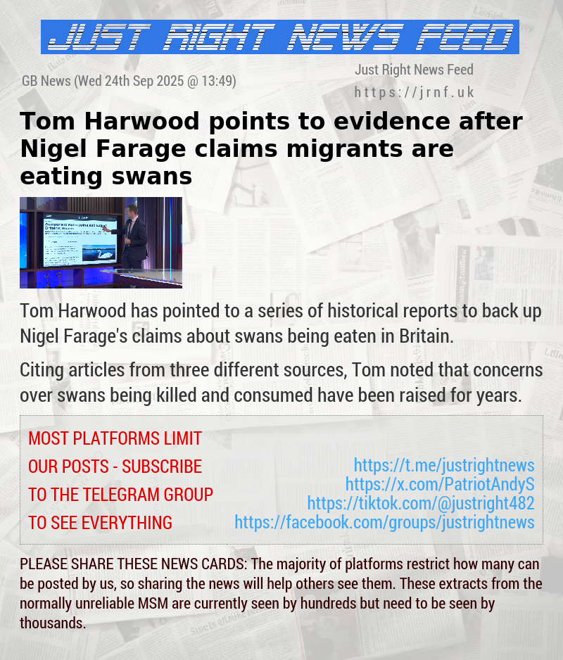 Tom Harwood points to evidence after Nigel Farage claims migrants are eating swans
