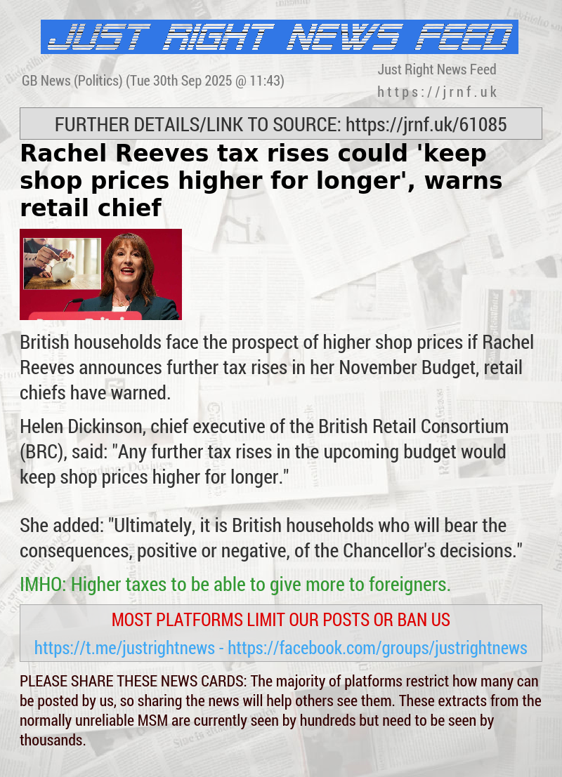 Rachel Reeves tax rises could ’keep shop prices higher for longer’, warns retail chief