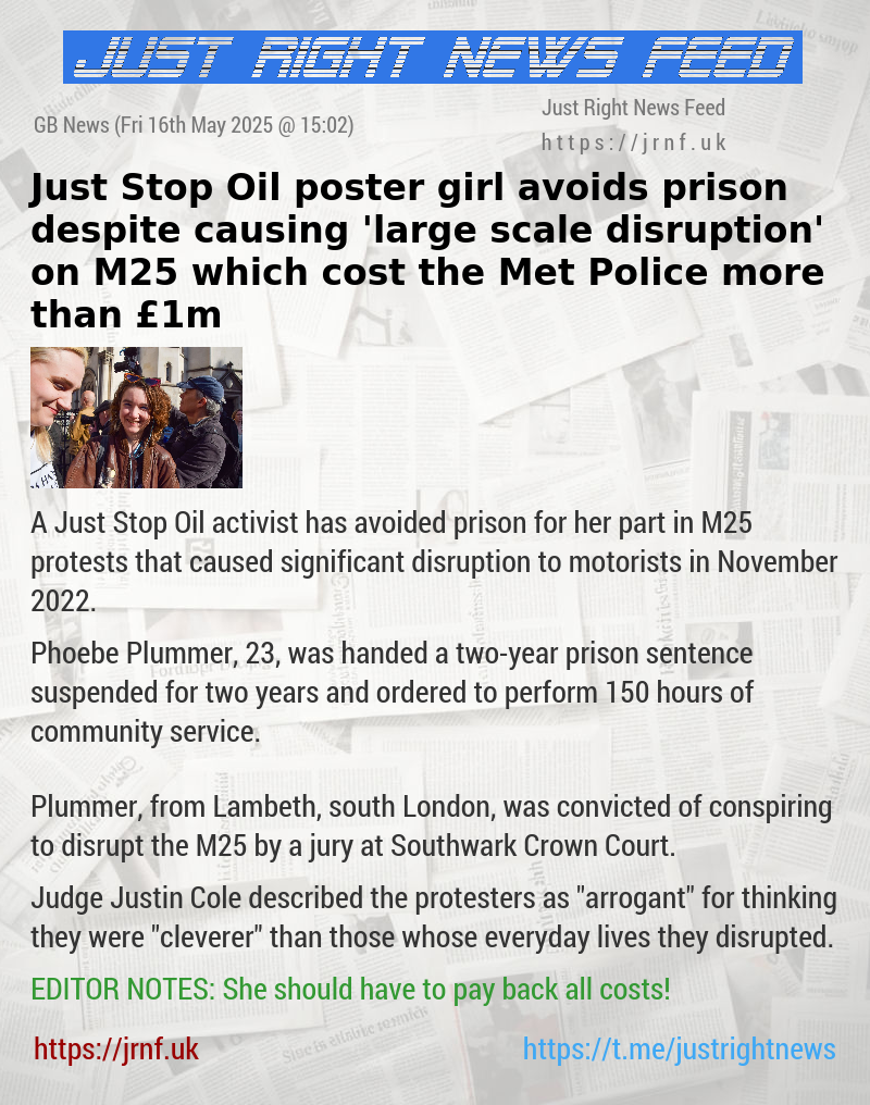 Just Stop Oil poster girl avoids prison despite causing ’large—scale disruption’ on M25 which cost the Met Police more than £1m