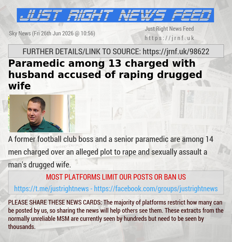 Paramedic among 13 charged with husband accused of raping drugged wife