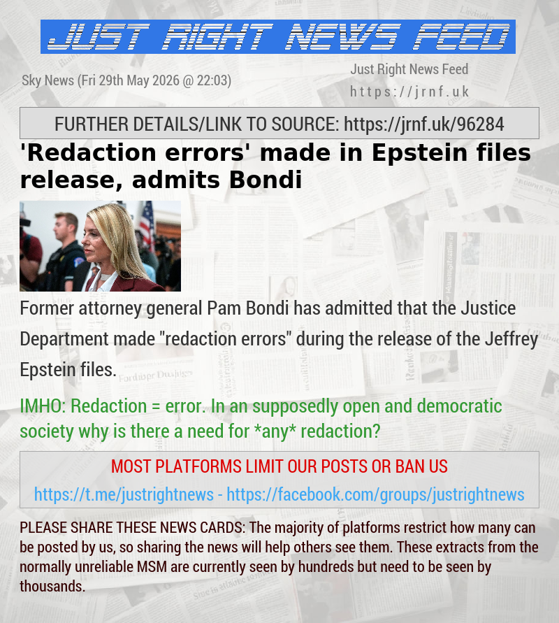 ’Redaction errors’ made in Epstein files release, admits Bondi