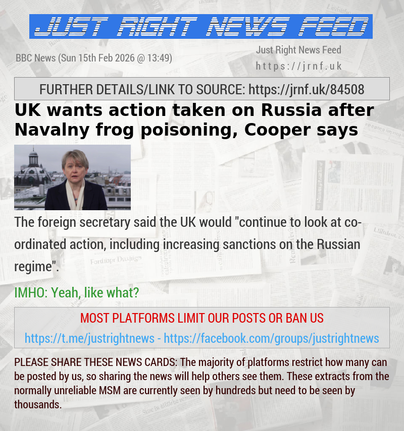 UK wants action taken on Russia after Navalny frog poisoning, Cooper says
