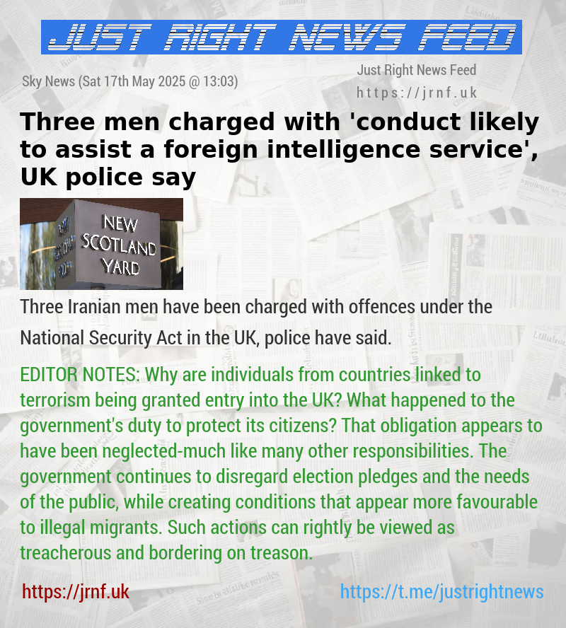 Three men charged with ’conduct likely to assist a foreign intelligence service’, UK police say
