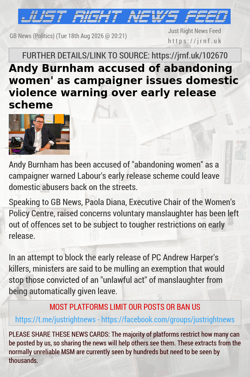 Andy Burnham accused of ‘abandoning women’ as campaigner issues domestic violence warning over early release scheme