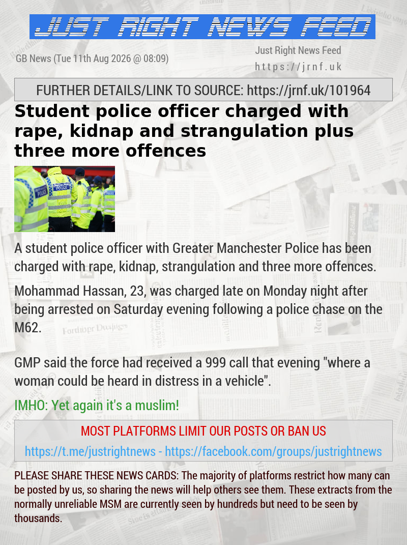Student police officer charged with rape, kidnap and strangulation plus three more offences