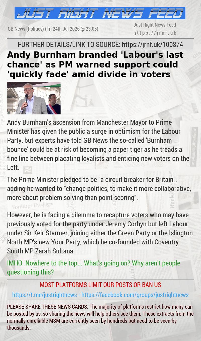 Andy Burnham branded ’Labour’s last chance’ as PM warned support could ’quickly fade’ amid divide in voters