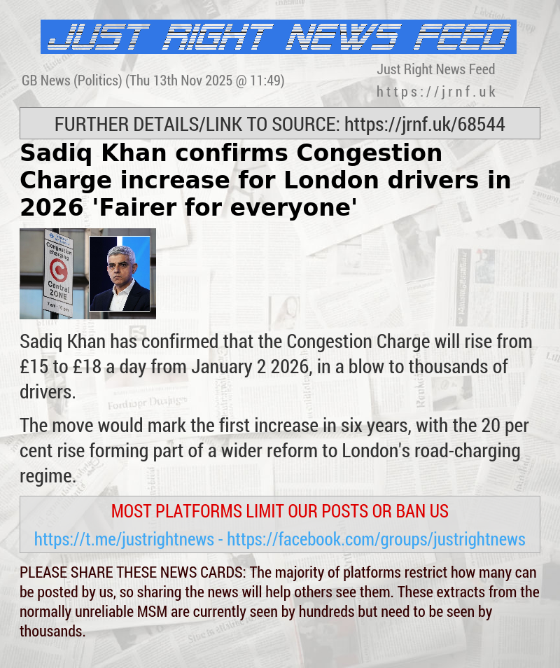 Sadiq Khan confirms Congestion Charge increase for London drivers in 2026 — ’Fairer for everyone’