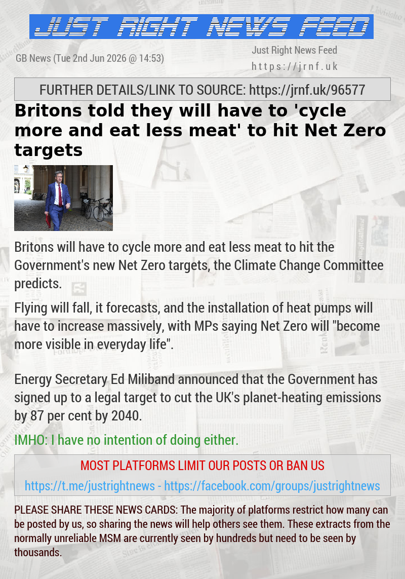 Britons told they will have to ’cycle more and eat less meat’ to hit Net Zero targets