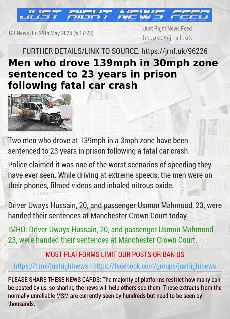 Men who drove 139mph in 30mph zone sentenced to 23 years in prison following fatal car crash