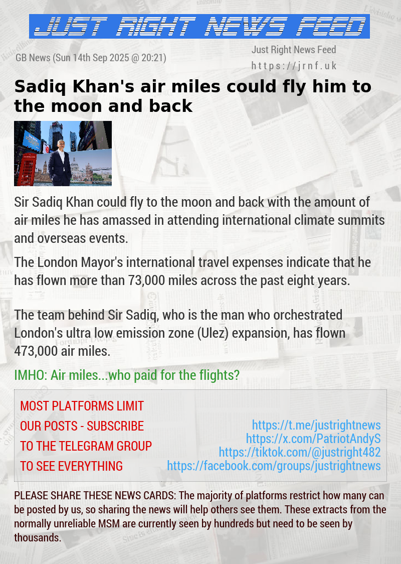 Sadiq Khan’s air miles could fly him to the moon and back