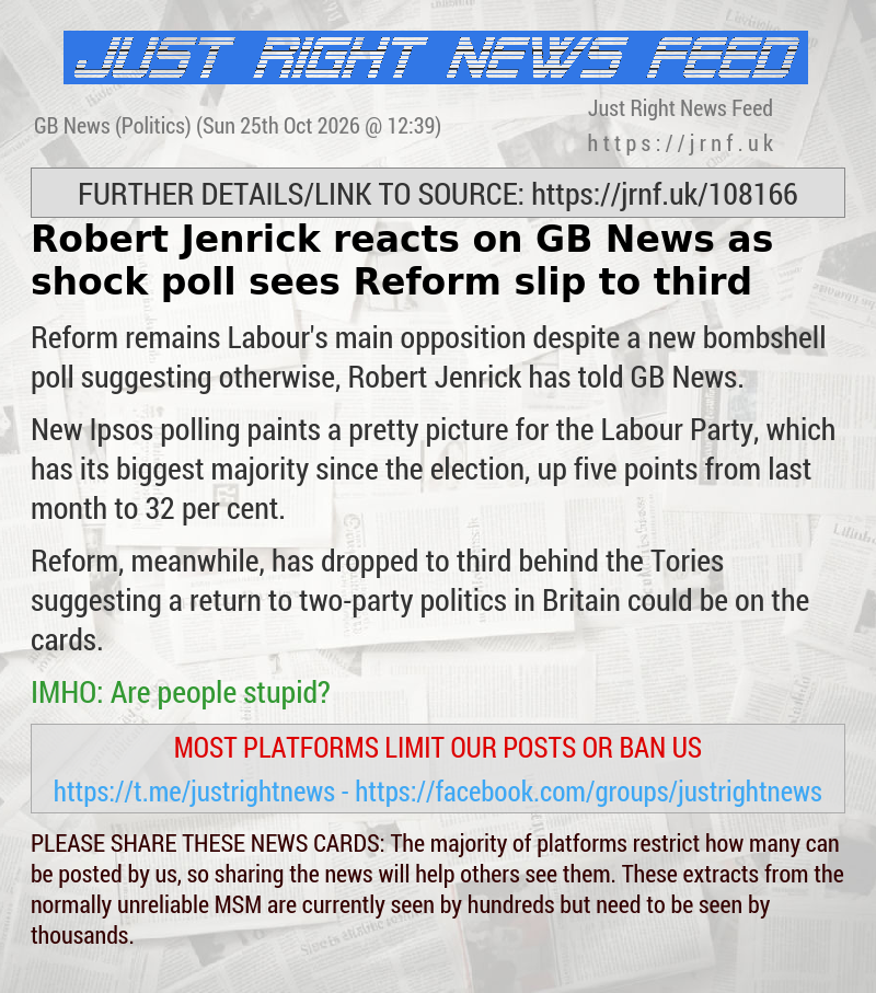 Robert Jenrick reacts on GB News as shock poll sees Reform slip to third