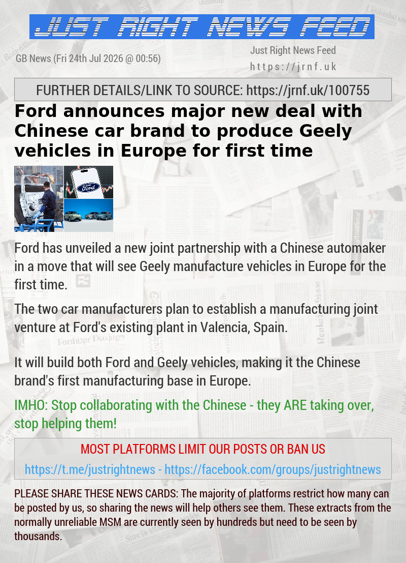 Ford announces major new deal with Chinese car brand to produce Geely vehicles in Europe for first time