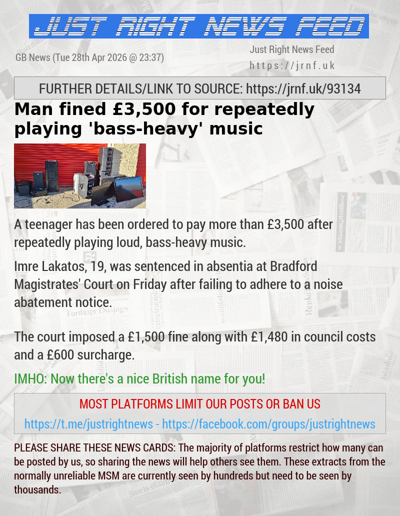 Man fined &pound;3,500 for repeatedly playing ’bass—heavy’ music