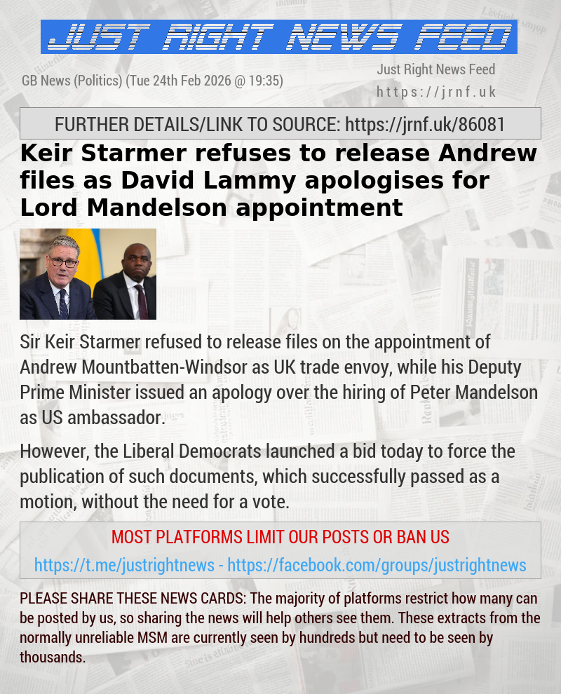 Keir Starmer refuses to release Andrew files as David Lammy apologises for Lord Mandelson appointment