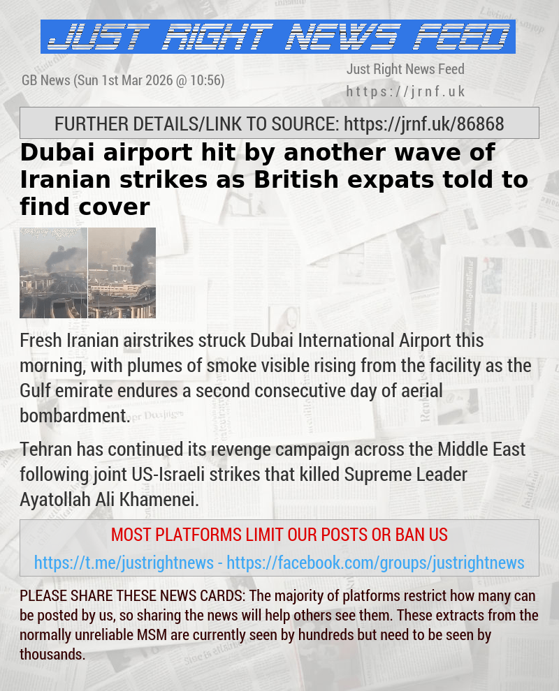 Dubai airport hit by another wave of Iranian strikes as British expats told to find cover
