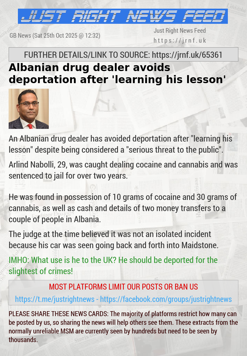 Albanian drug dealer avoids deportation after ’learning his lesson’