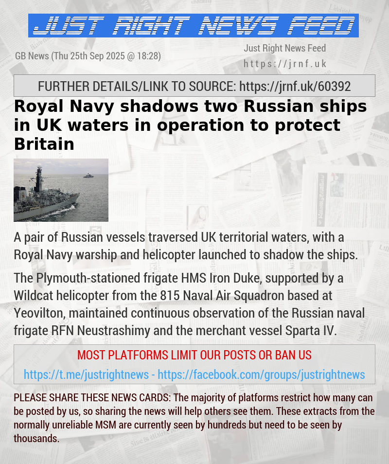 Royal Navy shadows two Russian ships in UK waters in operation to protect Britain