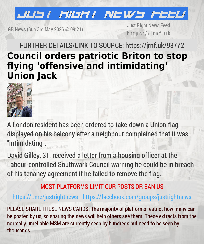 Council orders patriotic Briton to stop flying ’offensive and intimidating’ Union Jack