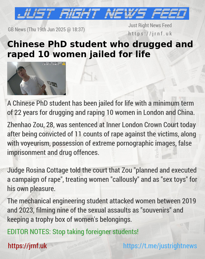 Chinese PhD student who drugged and raped 10 women jailed for life