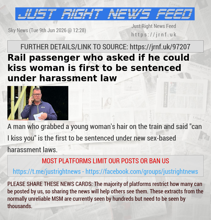 Rail passenger who asked if he could kiss woman is first to be sentenced under harassment law