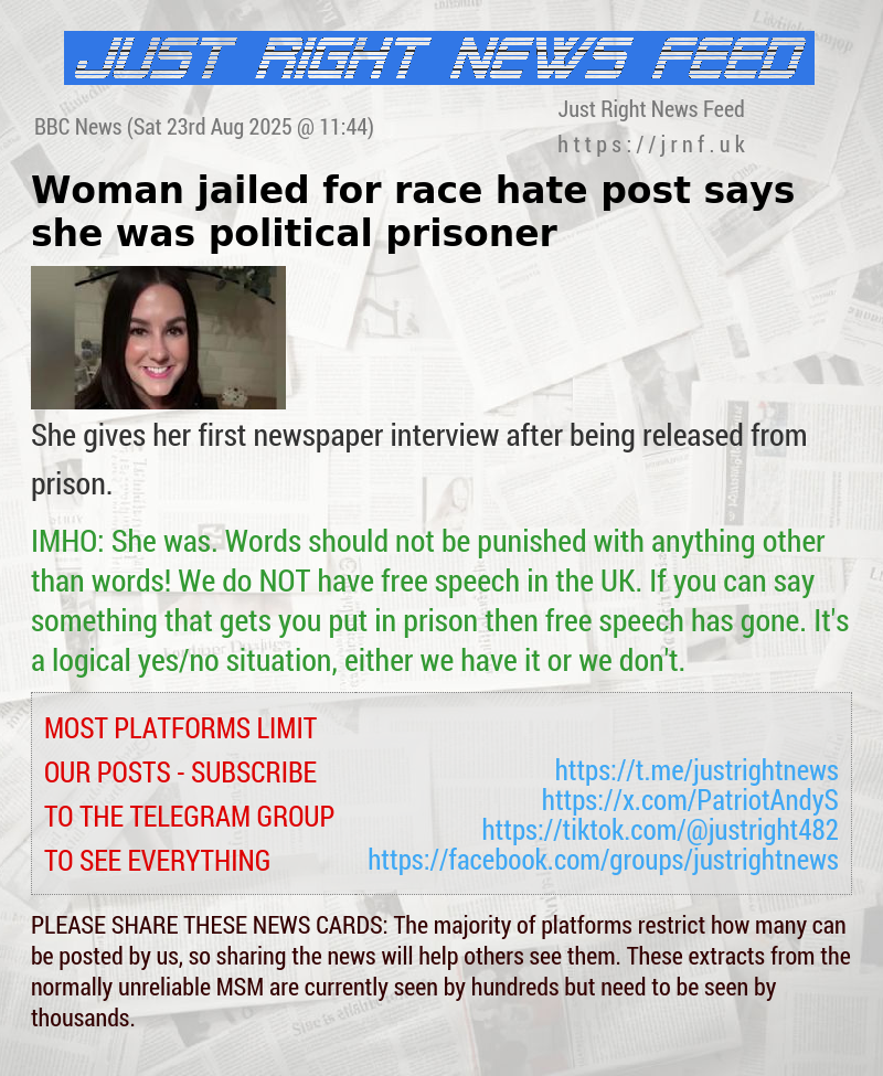 Woman jailed for race hate post says she was political prisoner