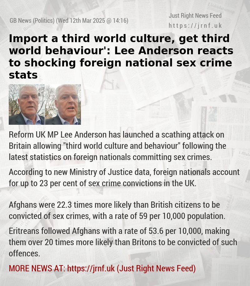 ‘Import a third world culture, get third world behaviour’: Lee Anderson reacts to shocking foreign national sex crime stats