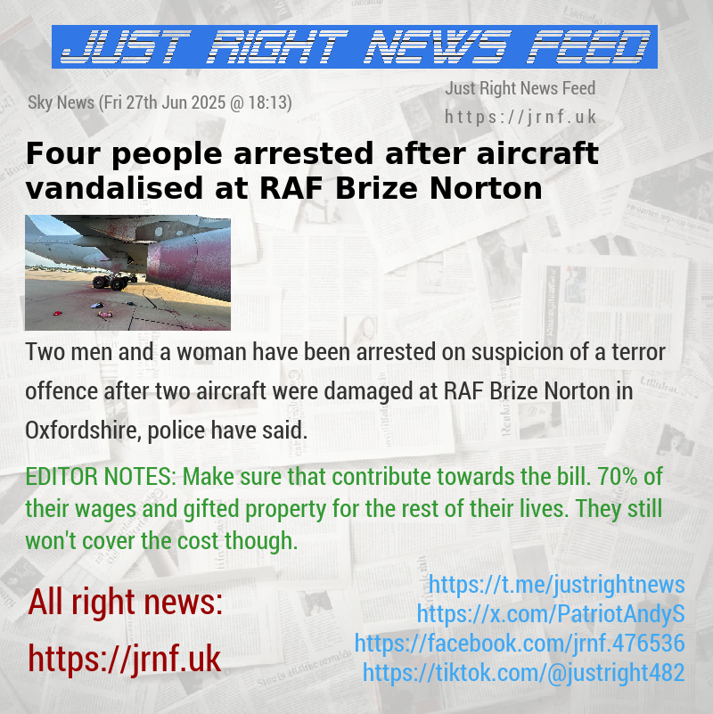 Four people arrested after aircraft vandalised at RAF Brize Norton