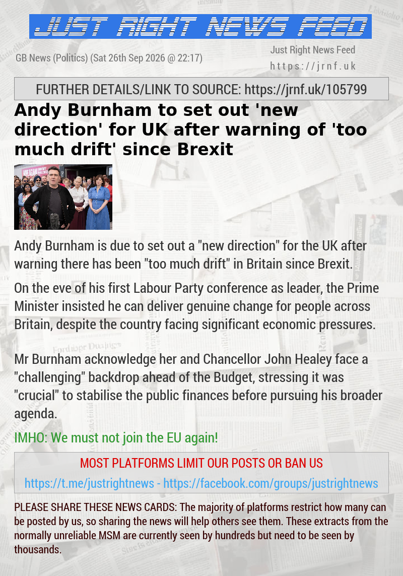 Andy Burnham to set out ’new direction’ for UK after warning of ’too much drift’ since Brexit