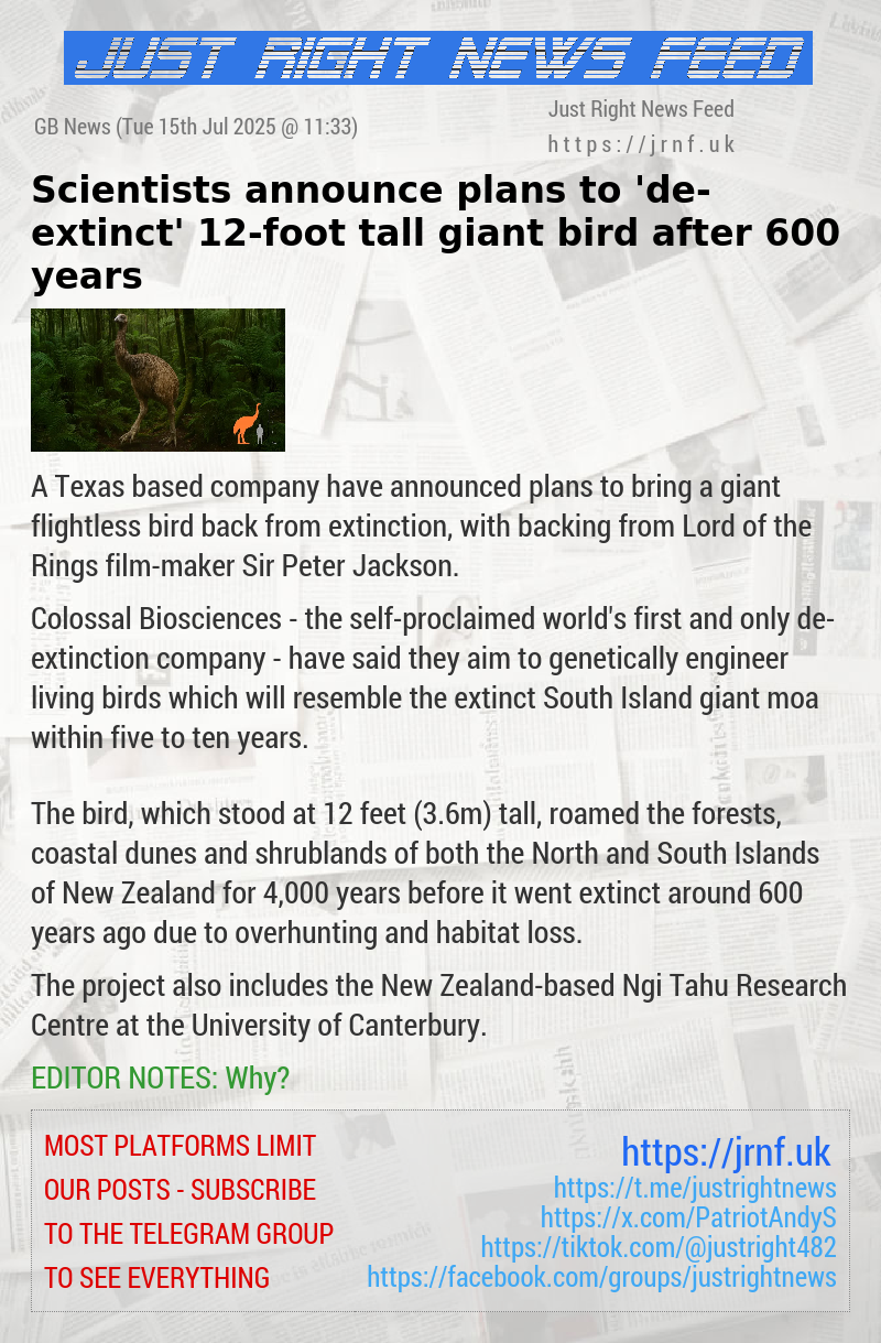 Scientists announce plans to ’de—extinct’ 12—foot tall giant bird after 600 years