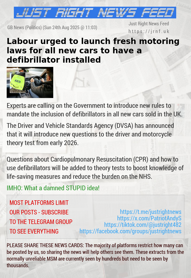 Labour urged to launch fresh motoring laws for all new cars to have a defibrillator installed