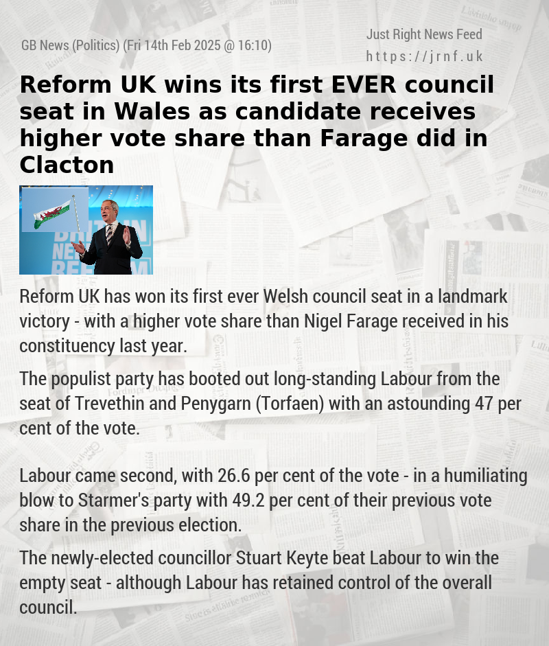 Reform UK wins its first EVER council seat in Wales as candidate receives higher vote share than Farage did in Clacton