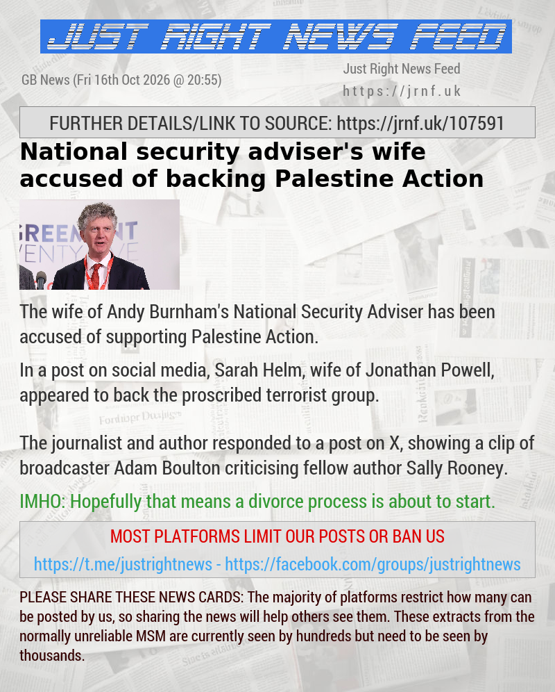 National security adviser’s wife accused of backing Palestine Action