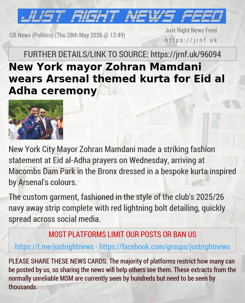New York mayor Zohran Mamdani wears Arsenal—themed kurta for Eid al—Adha ceremony
