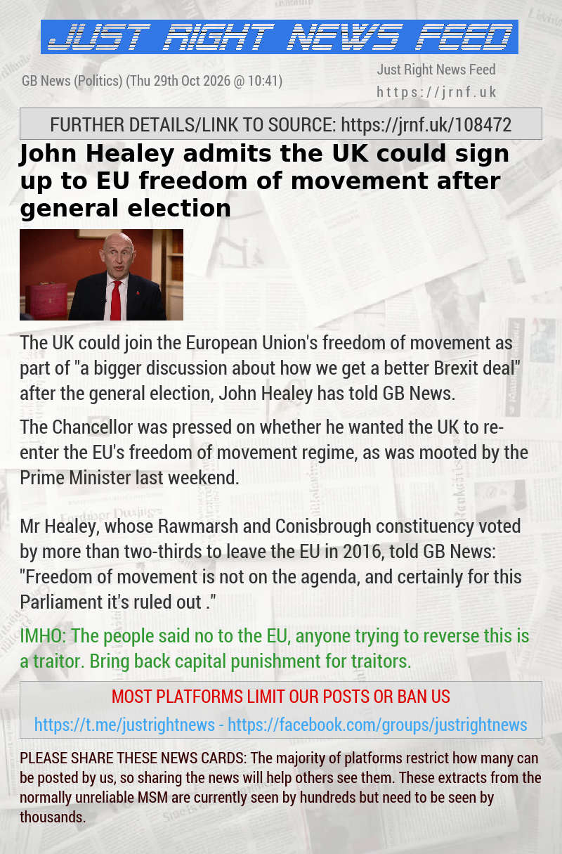 John Healey admits the UK could sign up to EU freedom of movement after general election
